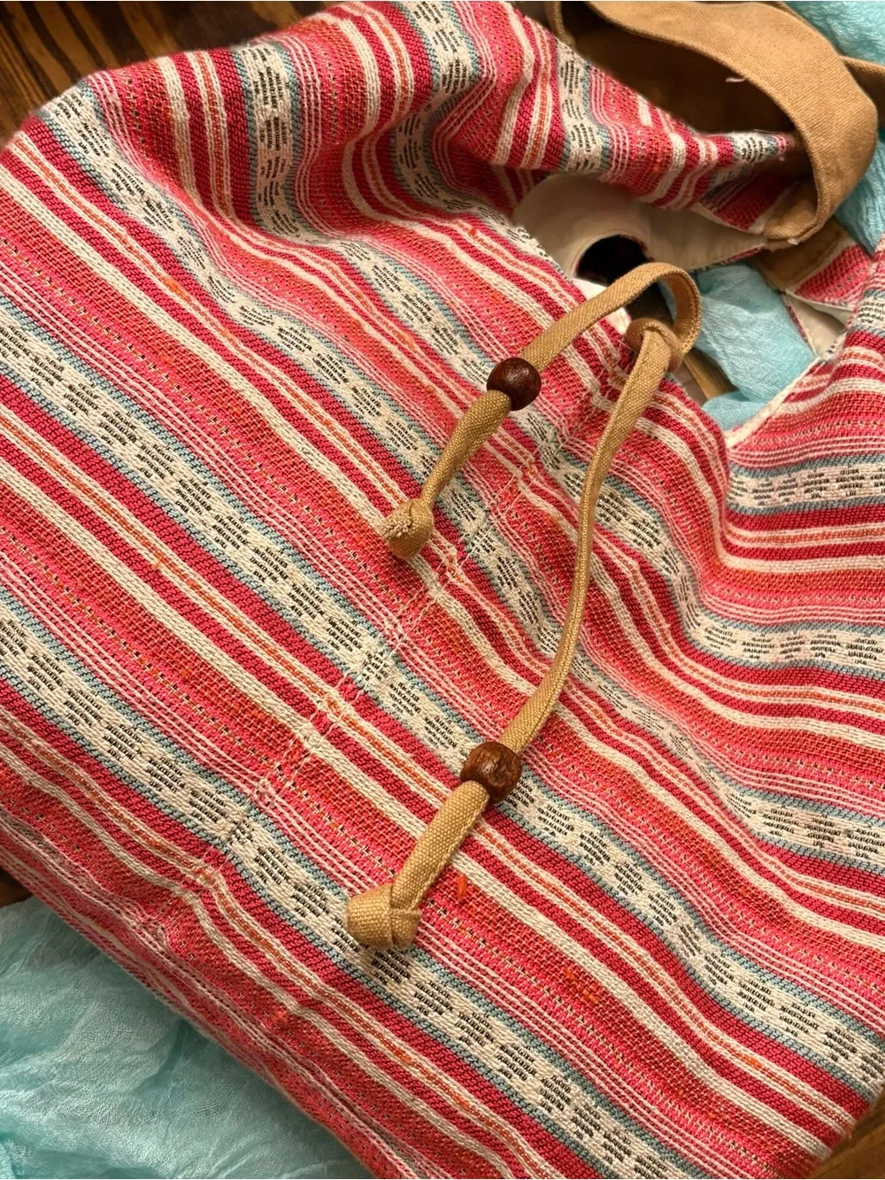 Striped Pink Canvas Shoulder Bag with Tan Accents